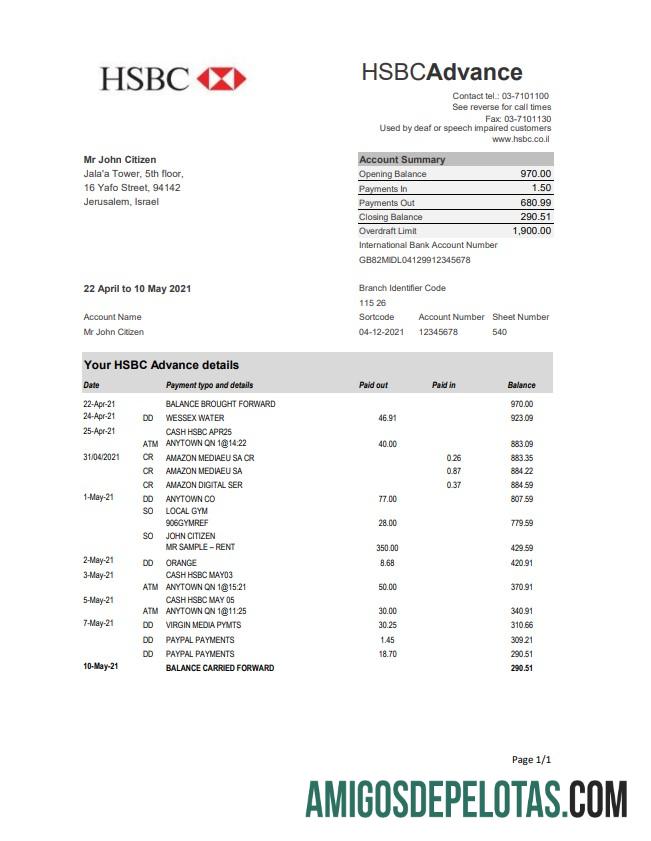 Extrato bancário HSBC realista de Israel, modelo fácil de preencher em formato Excel e PDF